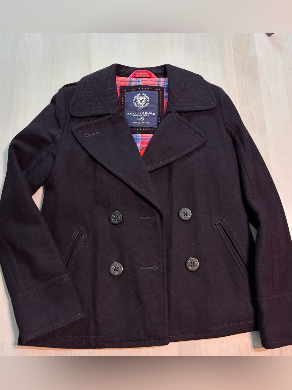 American Eagle Navy Blue Plaid Lined Peacoat Jacket Women’s Size Small